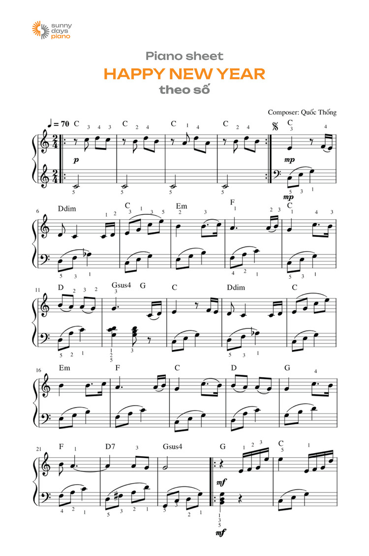 Nốt nhạc, hợp âm piano sheet Happy New Year theo số