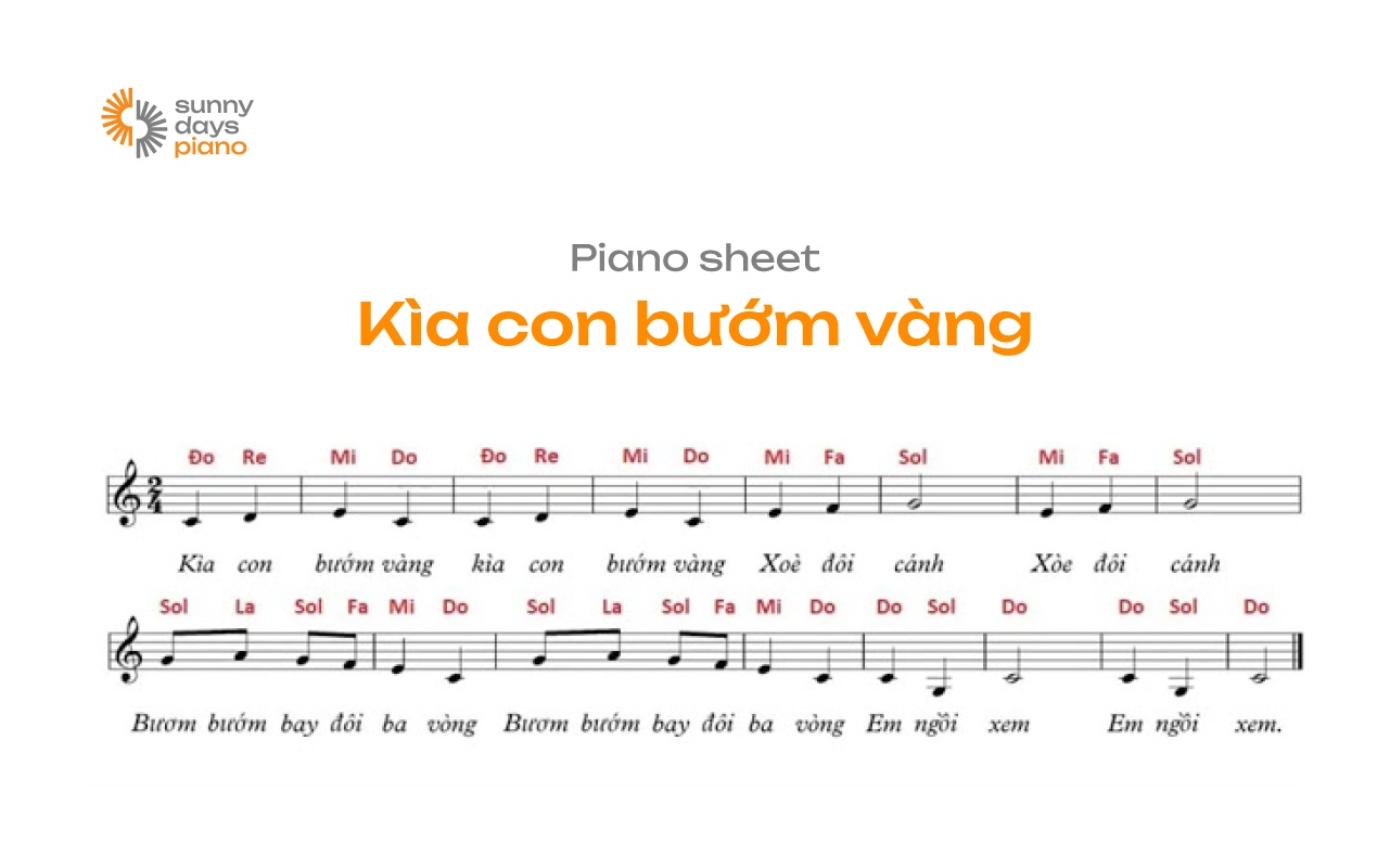 Nốt nhạc, cách đánh đàn bài Kìa con bướm vàng piano sheet