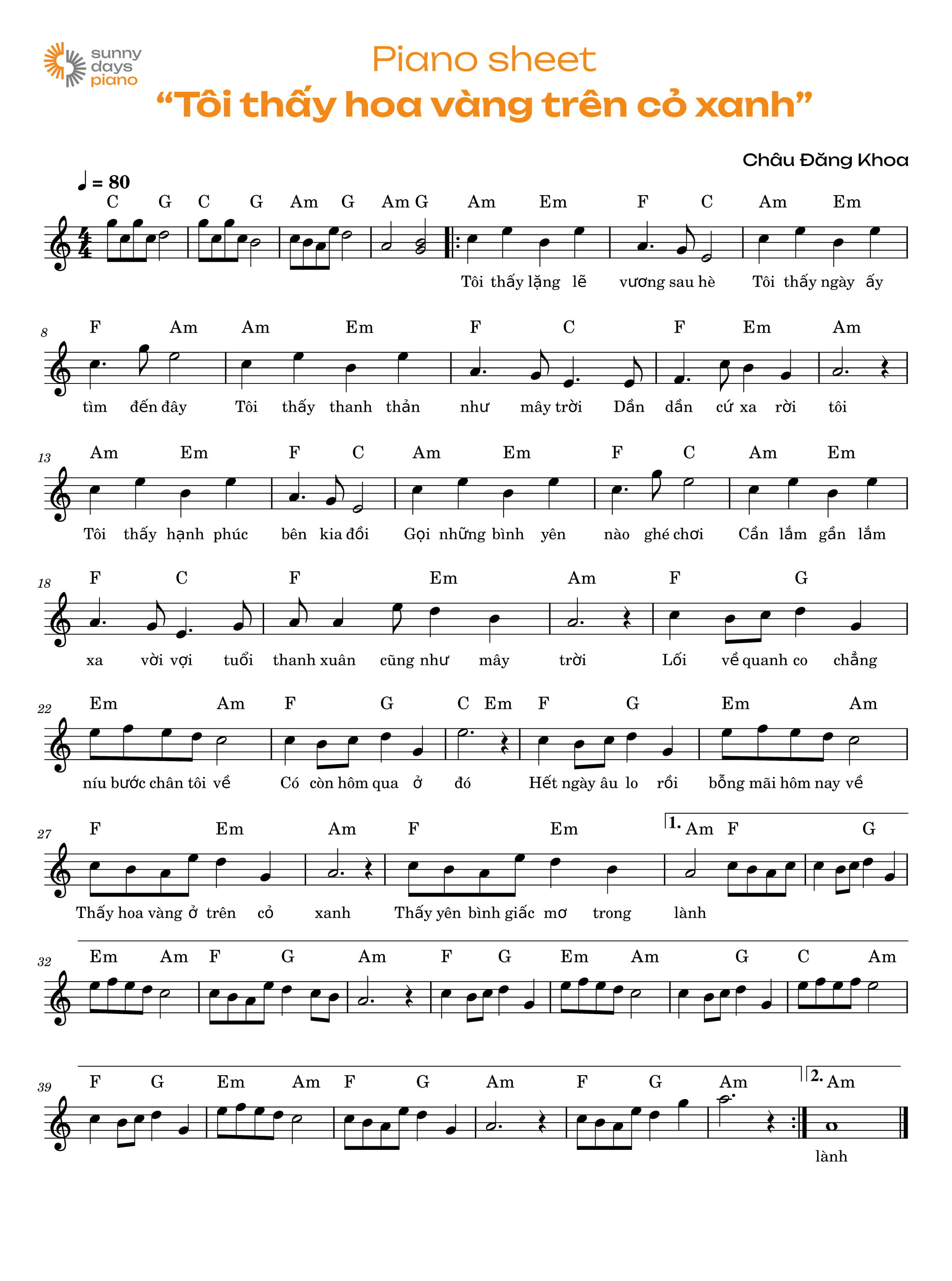 Chi tiết hợp âm, piano sheet "Tôi thấy hoa vàng trên cỏ xanh"