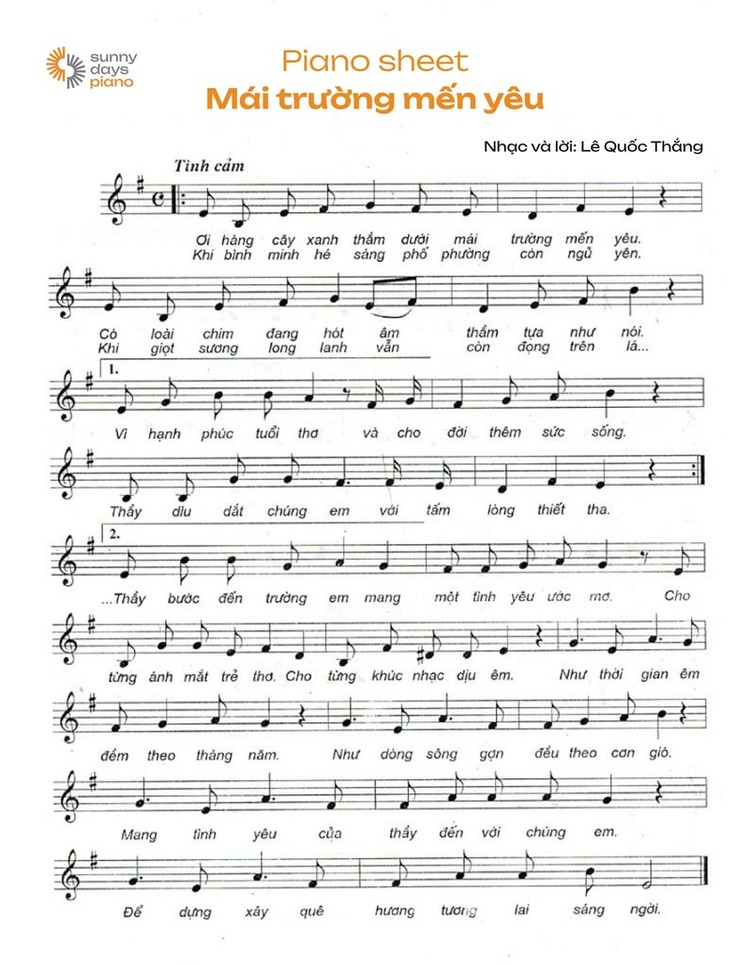 Sheet nhạc chúc mừng, tri ân thầy cô ngày 20-11: Mái trường mến yêu Piano sheet