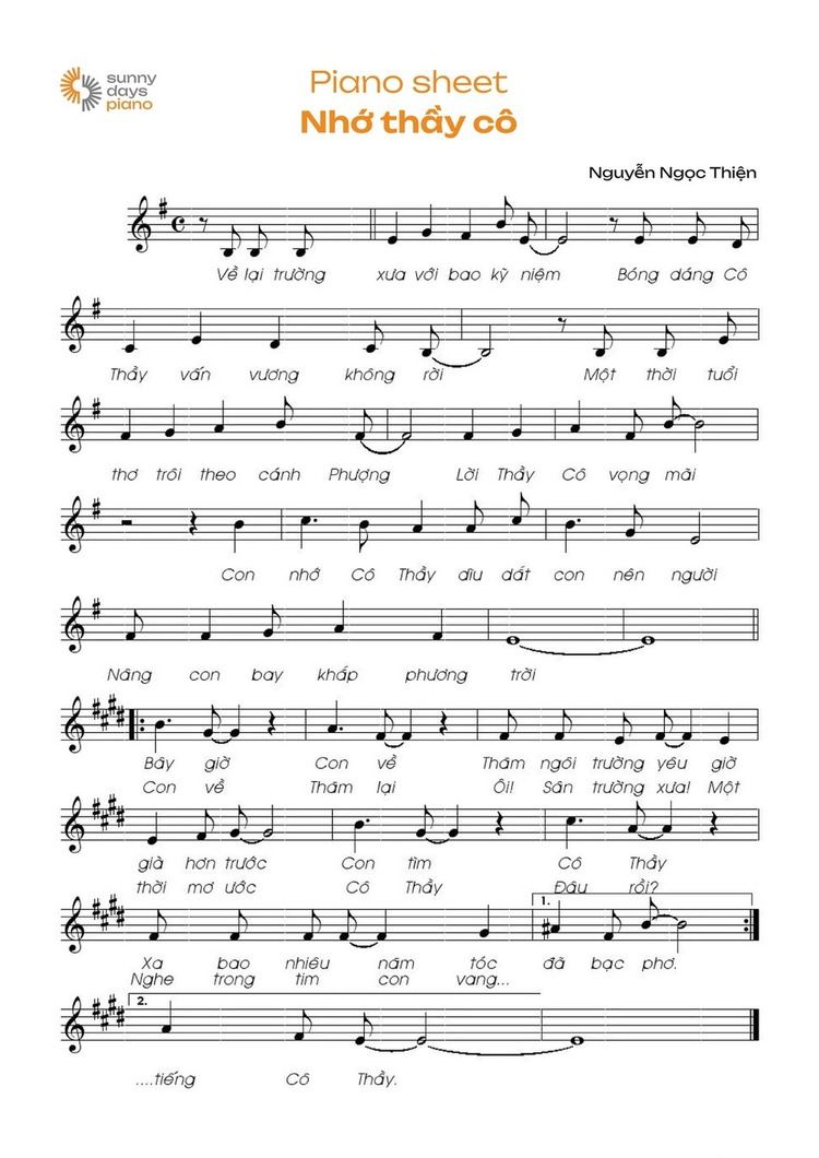 Nhớ ơn thầy cô: piano sheet chúc mừng ngày nhà giáo Việt Nam 20-11 được yêu thích nhất