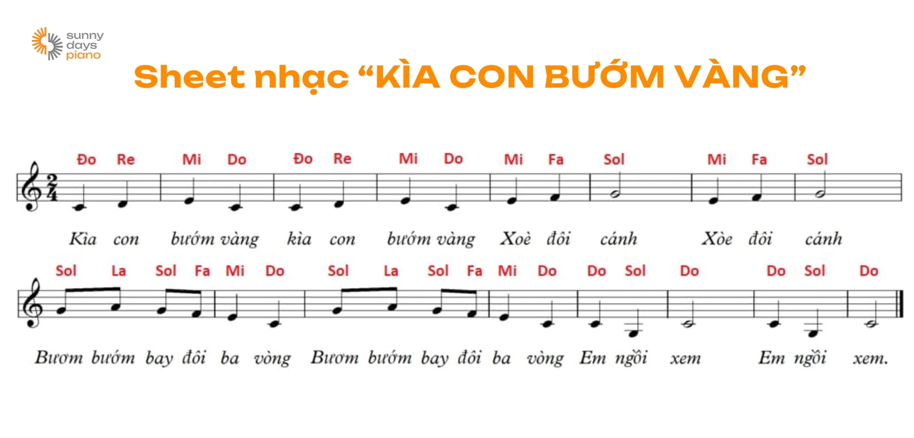 Sheet nhạc Piano có tên nốt "Kìa con bướm vàng" 