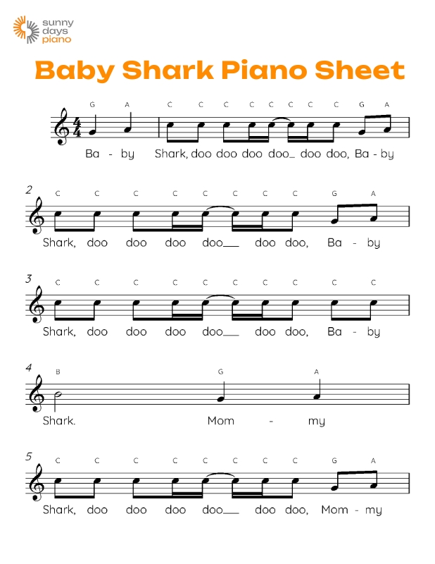 Nốt nhạc, hợp âm bài Baby Shark Piano sheet